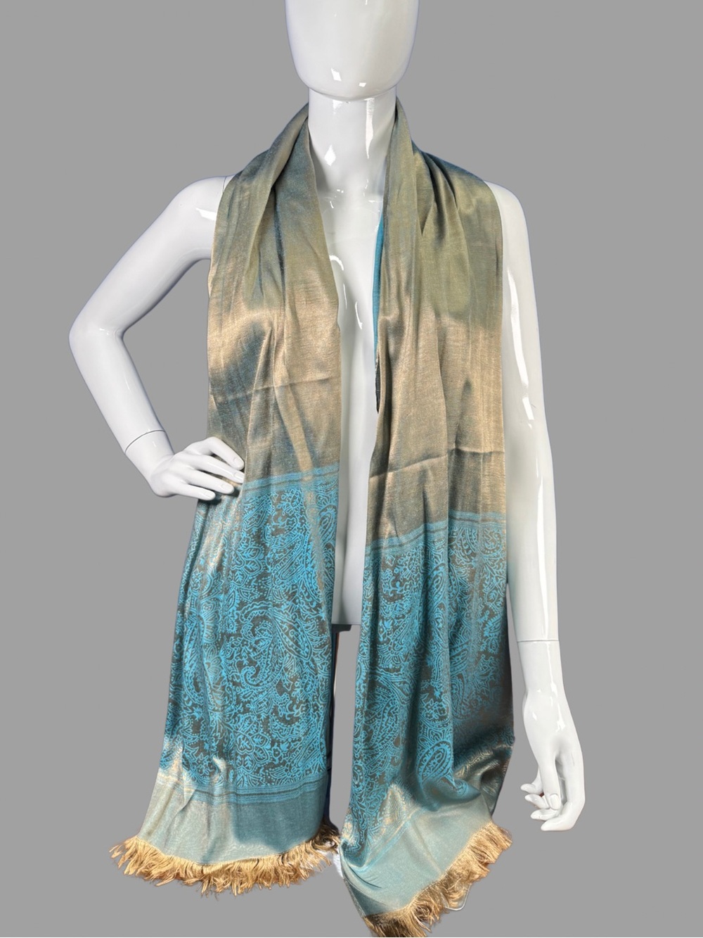 Luxurious Blue and Gold Paisley Pashmina Scarf